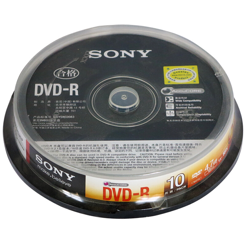 索尼（SONY） DVD-R光盘/刻录盘 16速4.7G 桶装10片